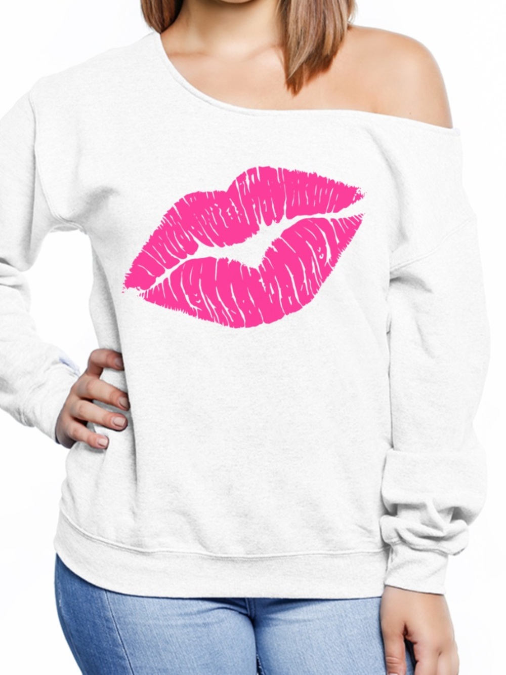 White Off-Shoulder Sweatshirt with Pink Kiss Graphic 80’s NWT M